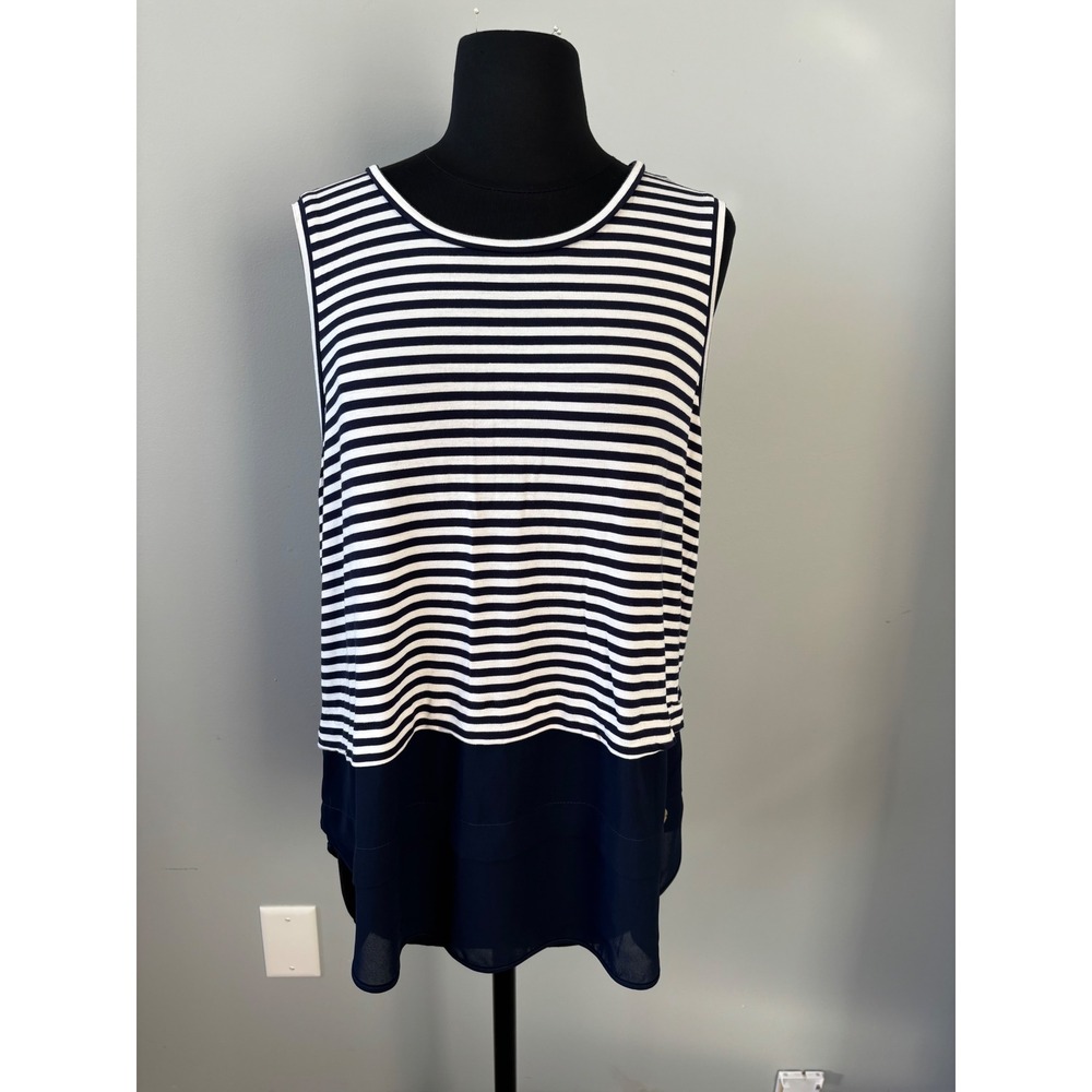 Michael Kors Striped Sleeveless Top Blouse Navy‎ Blue Chiffon Trim Size S
